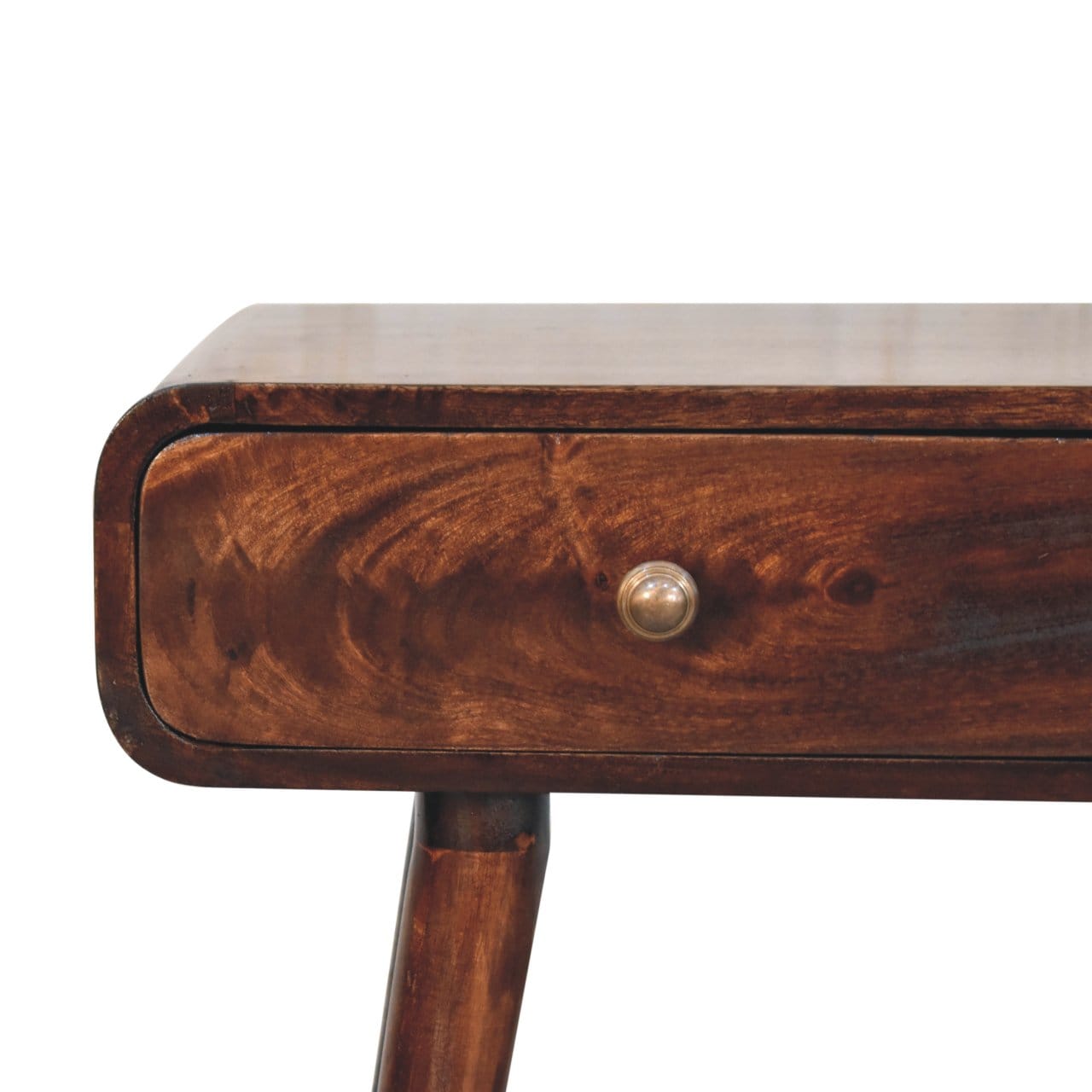 California Walnut Curved Solid Mango Wood Console Table - product view 5 showing handcrafted solid mango wood console table