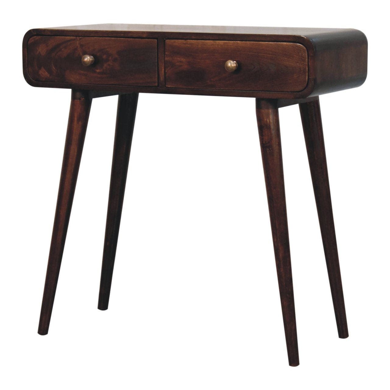 California Walnut Curved Solid Mango Wood Console Table - product view 4 showing handcrafted solid mango wood console table