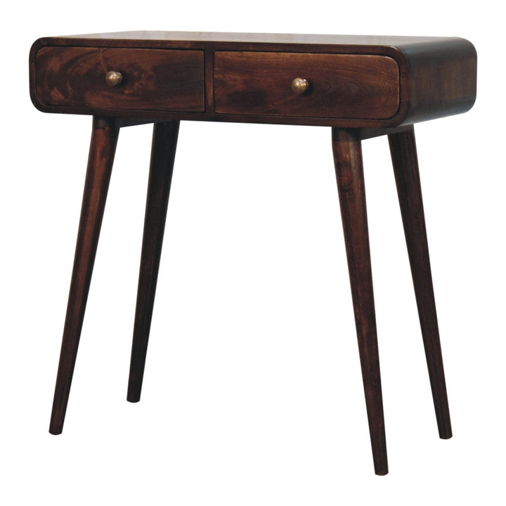 California Walnut Curved Solid Mango Wood Console Table - product view 4 showing handcrafted solid mango wood console table