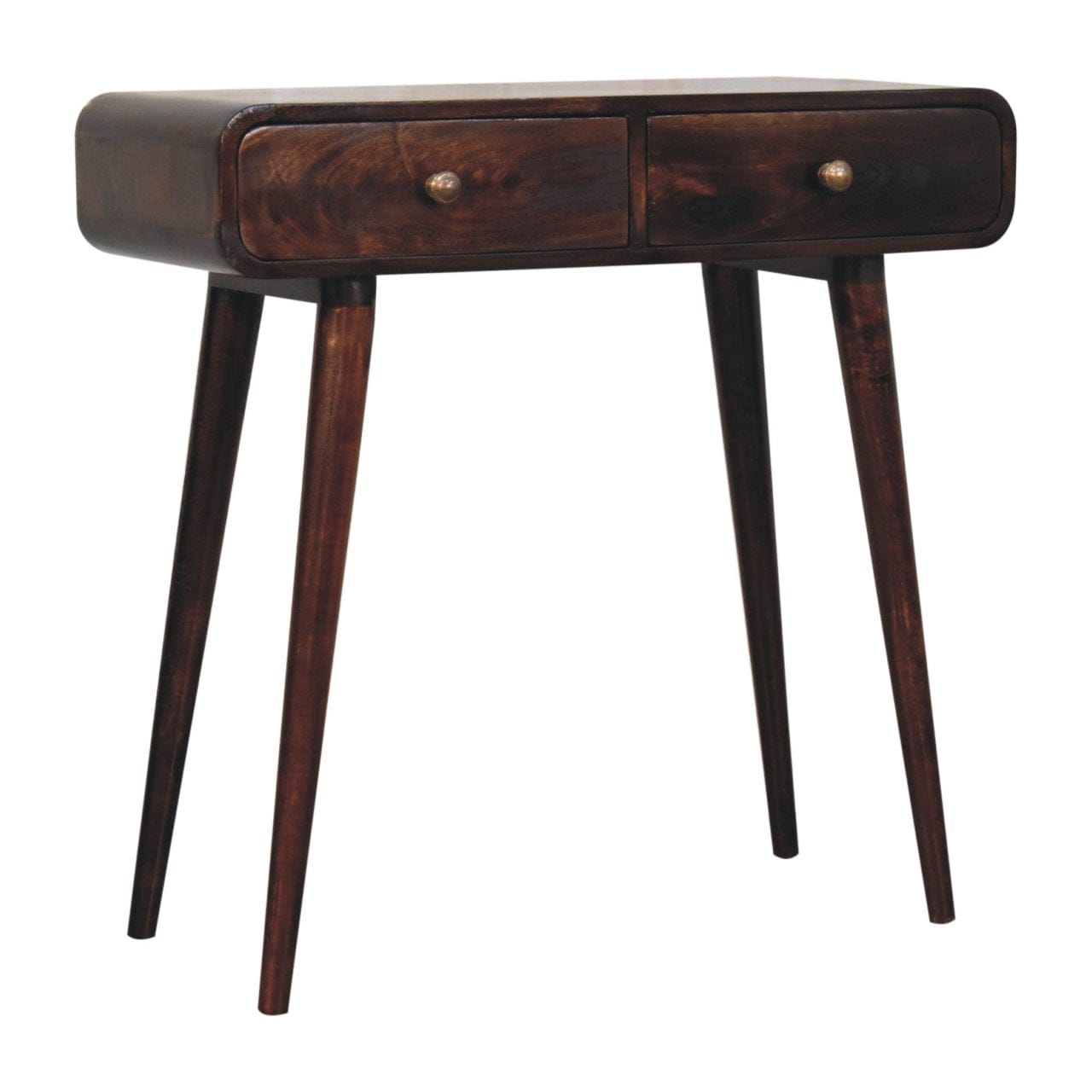 California Walnut Curved Solid Mango Wood Console Table - product view 3 showing handcrafted solid mango wood console table