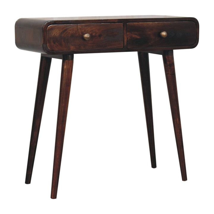 California Walnut Curved Solid Mango Wood Console Table - product view 3 showing handcrafted solid mango wood console table