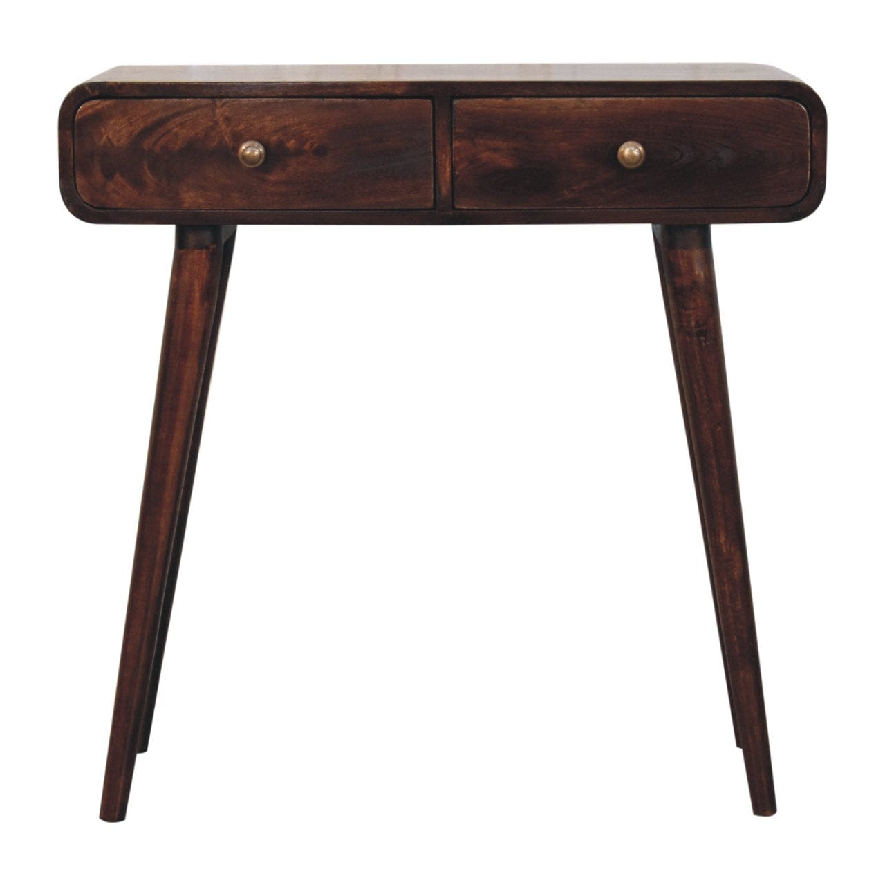California Walnut Curved Solid Mango Wood Console Table - product view 2 showing handcrafted solid mango wood console table