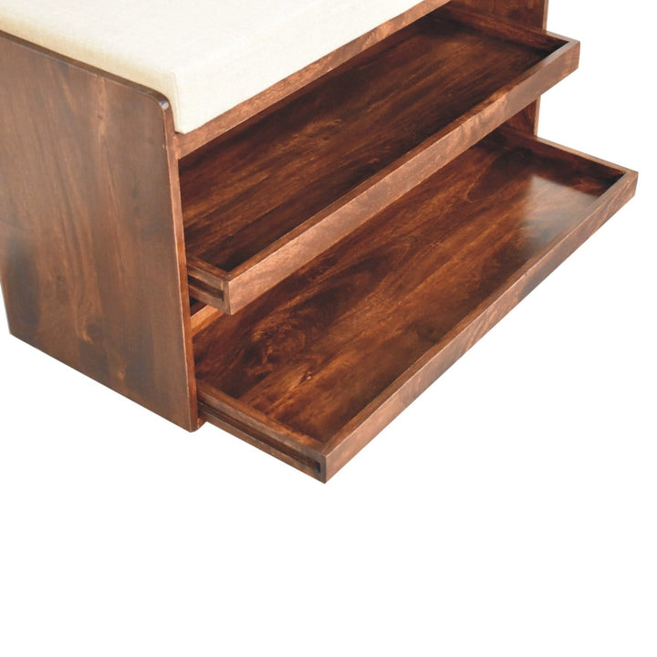 California Walnut & Mud Linen Pull out Shoe Bench - Solid Mango Wood Seating Furniture for Entryway - product view 7...