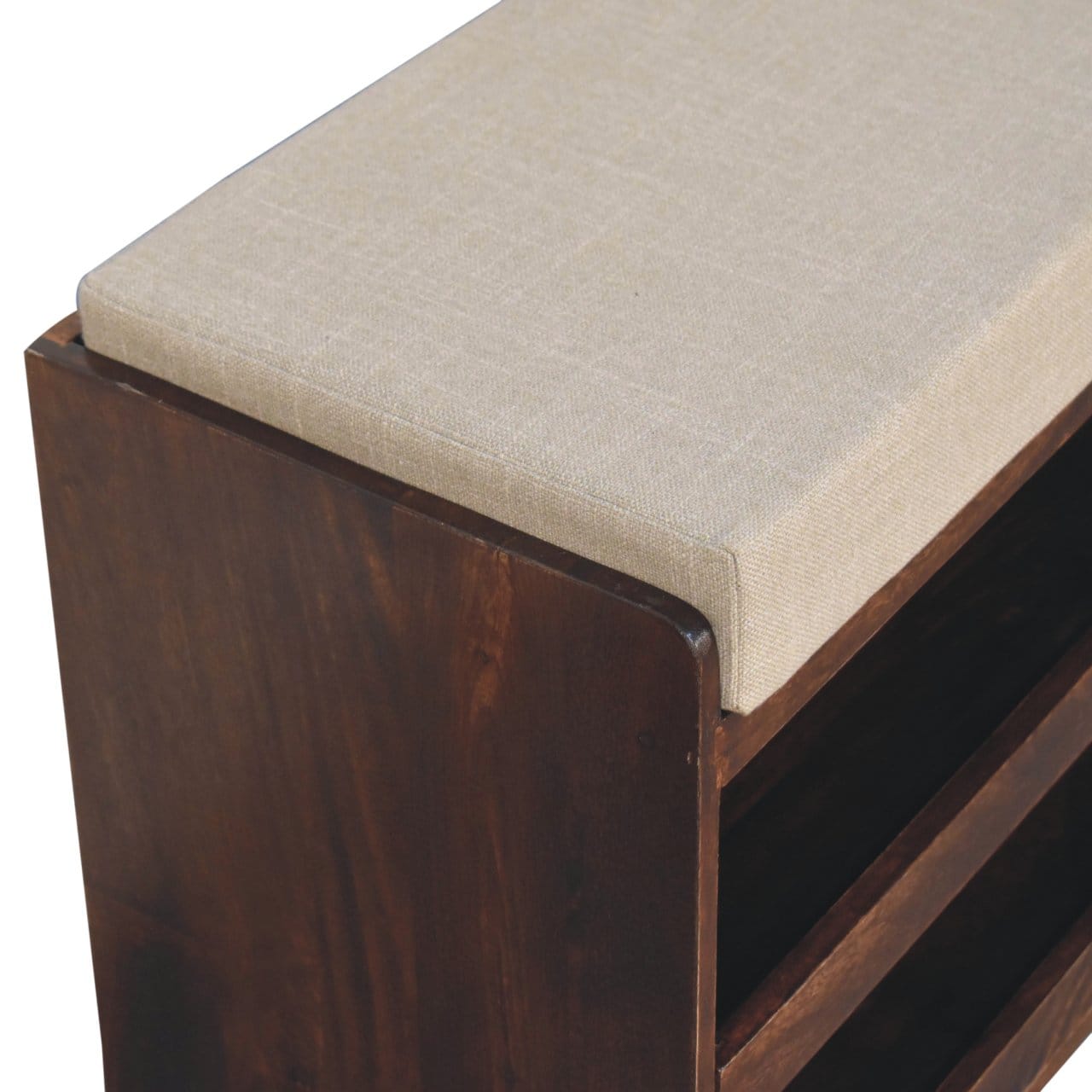California Walnut & Mud Linen Pull out Shoe Bench - Solid Mango Wood Seating Furniture for Entryway - product view 6...