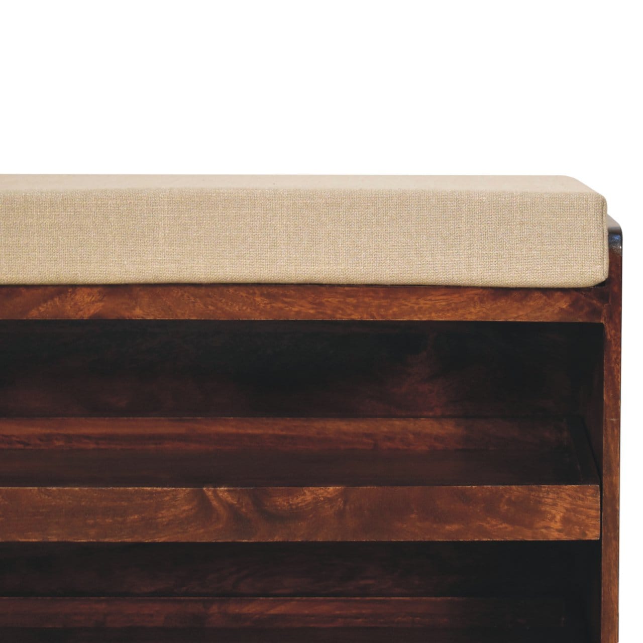 California Walnut & Mud Linen Pull out Shoe Bench - Solid Mango Wood Seating Furniture for Entryway - product view 5...