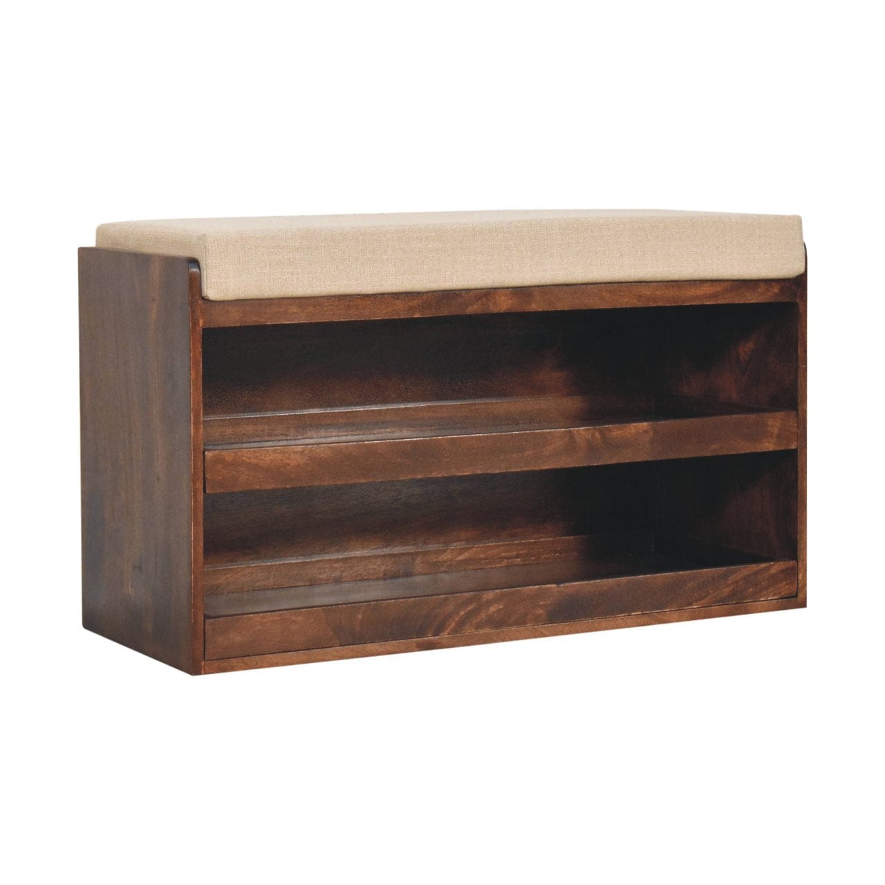 California Walnut & Mud Linen Pull out Shoe Bench - Solid Mango Wood Seating Furniture for Entryway - product view 4...