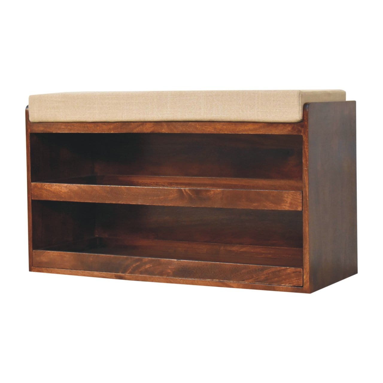 California Walnut & Mud Linen Pull out Shoe Bench - Solid Mango Wood Seating Furniture for Entryway - product view 3...