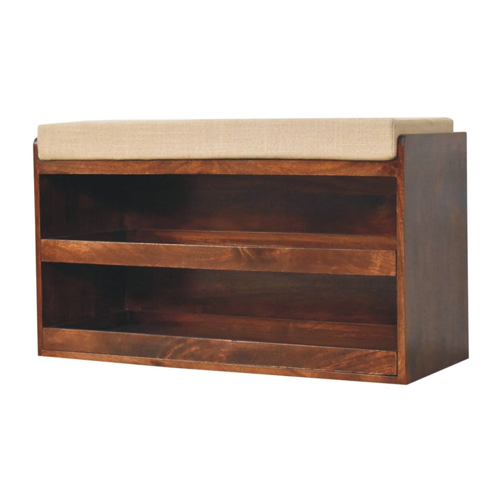 California Walnut & Mud Linen Pull out Shoe Bench - Solid Mango Wood Seating Furniture for Entryway - product view 3...