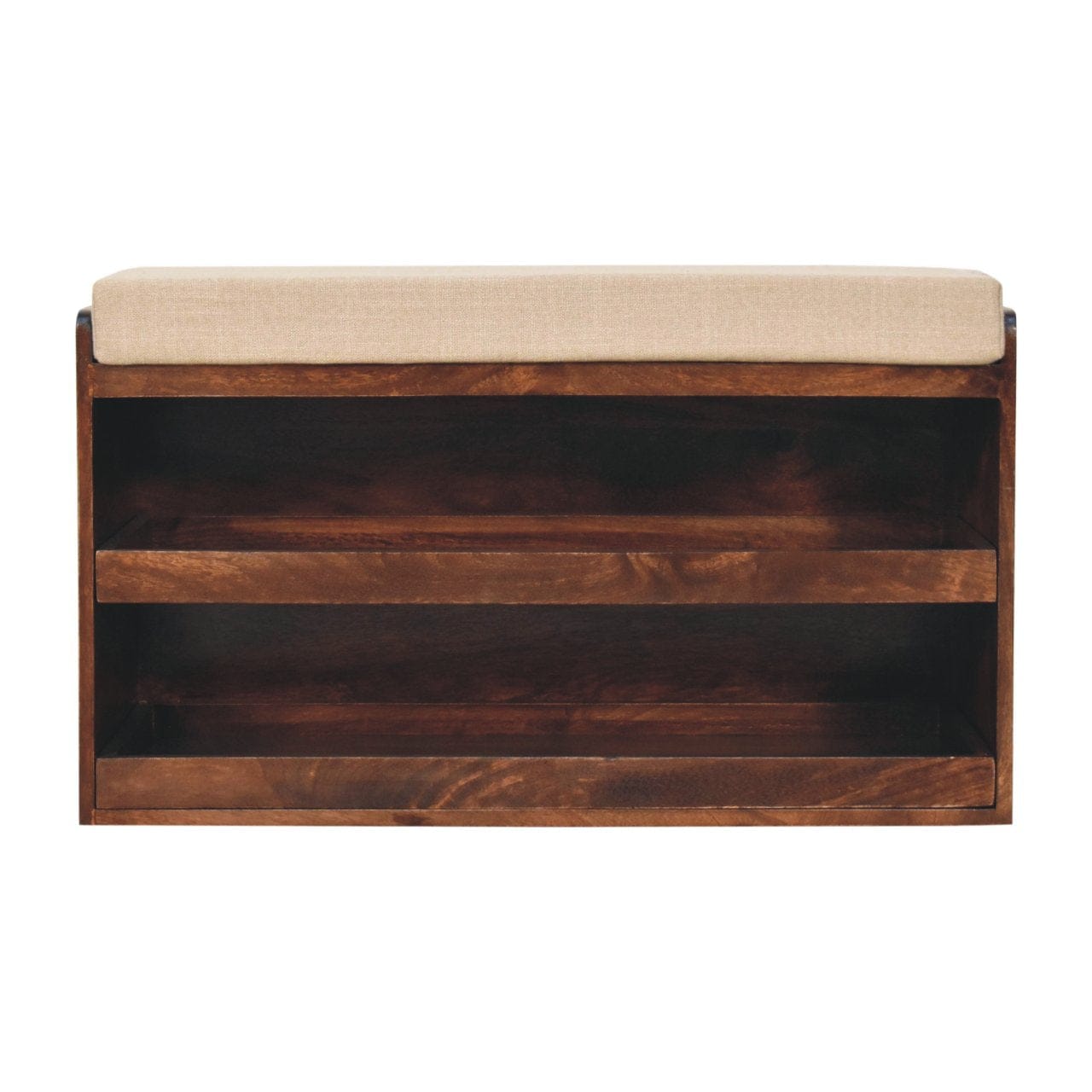 California Walnut & Mud Linen Pull out Shoe Bench - Solid Mango Wood Seating Furniture for Entryway - product view 2...