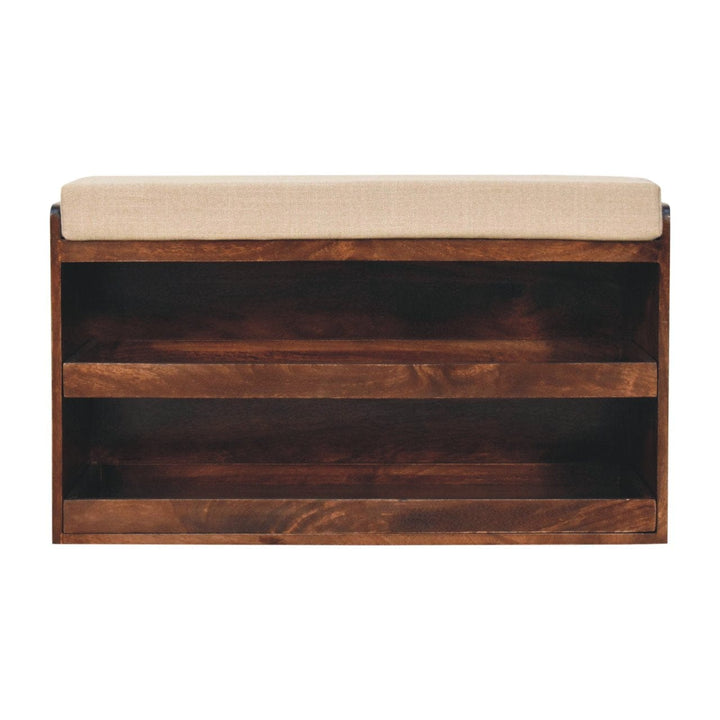 California Walnut & Mud Linen Pull out Shoe Bench - Solid Mango Wood Seating Furniture for Entryway - product view 2...