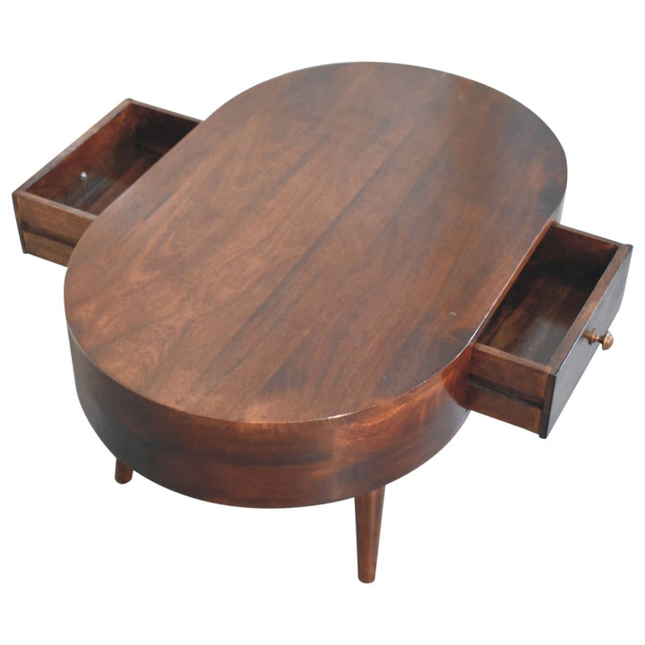California Walnut Rounded Coffee Table - Solid Mango Wood Center Table for Living Room - product view 8 showing...
