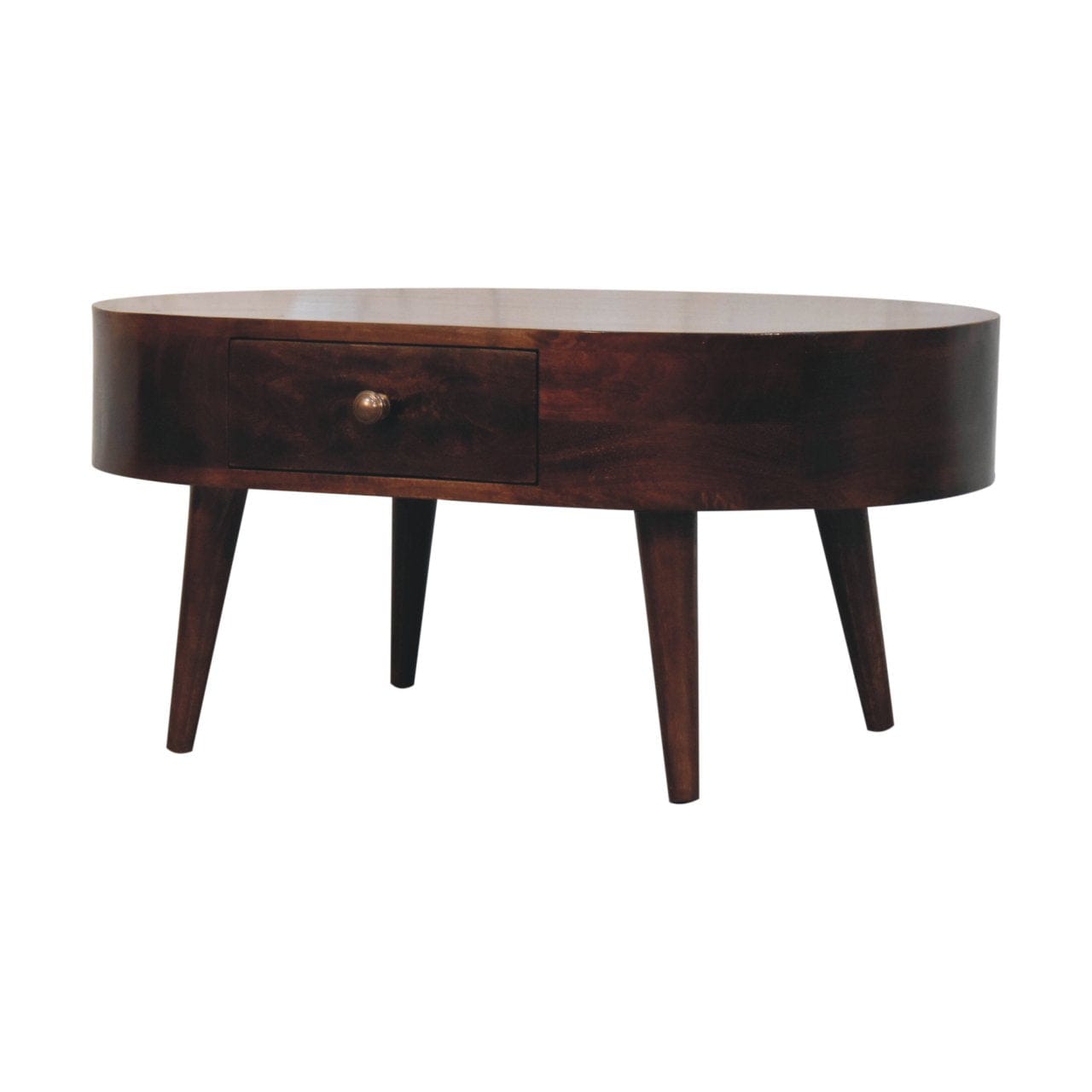 California Walnut Rounded Coffee Table - Solid Mango Wood Center Table for Living Room - product view 3 showing...