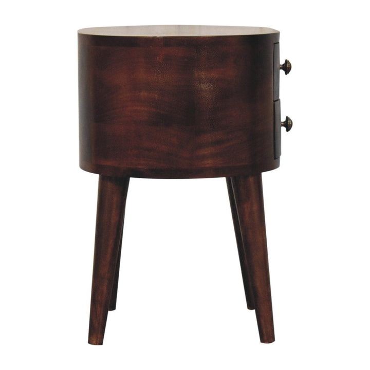 California Walnut Rounded Nightstand - Solid Mango Wood Bedside Table for Bedroom - product view 8 showing handcrafted...