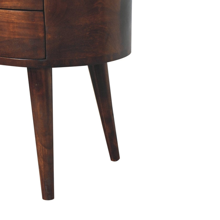 California Walnut Rounded Nightstand - Solid Mango Wood Bedside Table for Bedroom - product view 7 showing handcrafted...