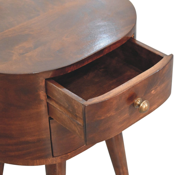 California Walnut Rounded Nightstand - Solid Mango Wood Bedside Table for Bedroom - product view 6 showing handcrafted...