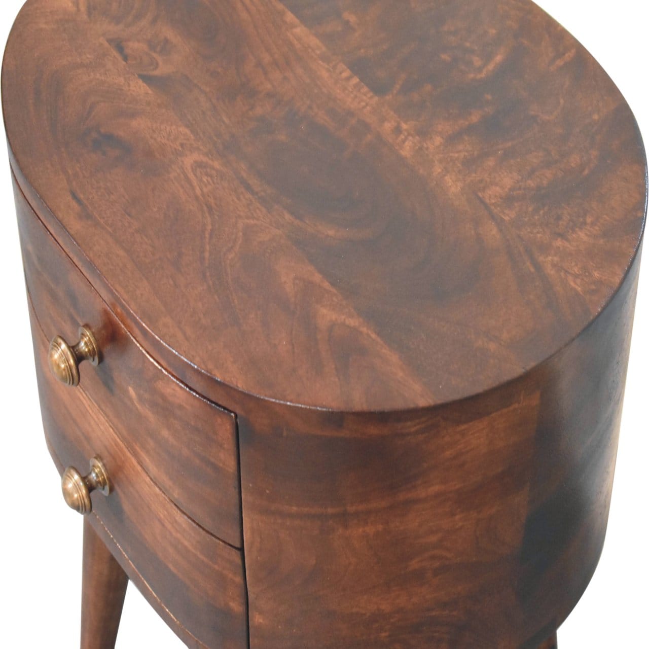 California Walnut Rounded Nightstand - Solid Mango Wood Bedside Table for Bedroom - product view 5 showing handcrafted...