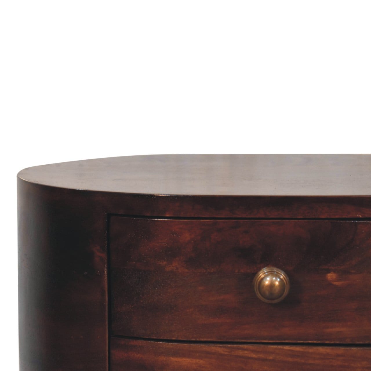 California Walnut Rounded Nightstand - Solid Mango Wood Bedside Table for Bedroom - product view 4 showing handcrafted...