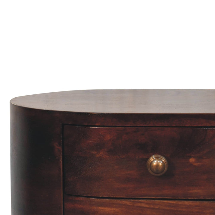 California Walnut Rounded Nightstand - Solid Mango Wood Bedside Table for Bedroom - product view 4 showing handcrafted...