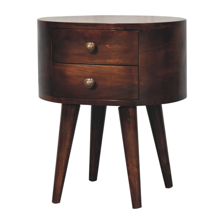 California Walnut Rounded Nightstand - Solid Mango Wood Bedside Table for Bedroom - product view 3 showing handcrafted...