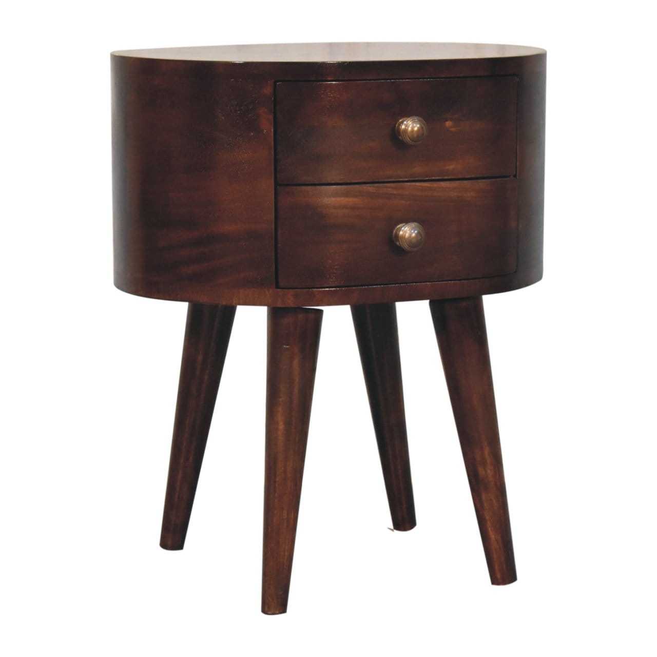 California Walnut Rounded Nightstand - Solid Mango Wood Bedside Table for Bedroom - product view 2 showing handcrafted...