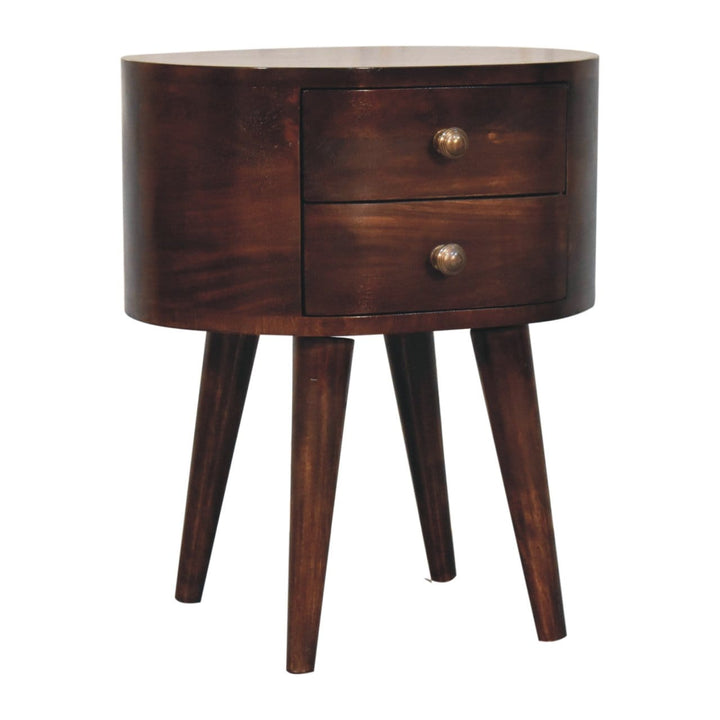 California Walnut Rounded Nightstand - Solid Mango Wood Bedside Table for Bedroom - product view 2 showing handcrafted...