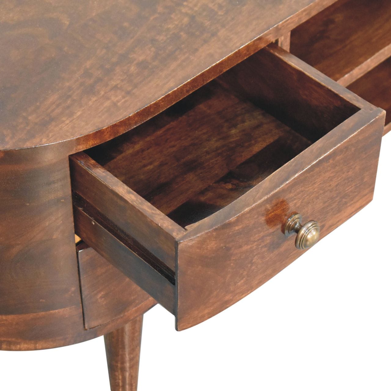 California Walnut Rounded TV Stand - Solid Mango Wood Entertainment Center for Living Room - product view 6 showing...