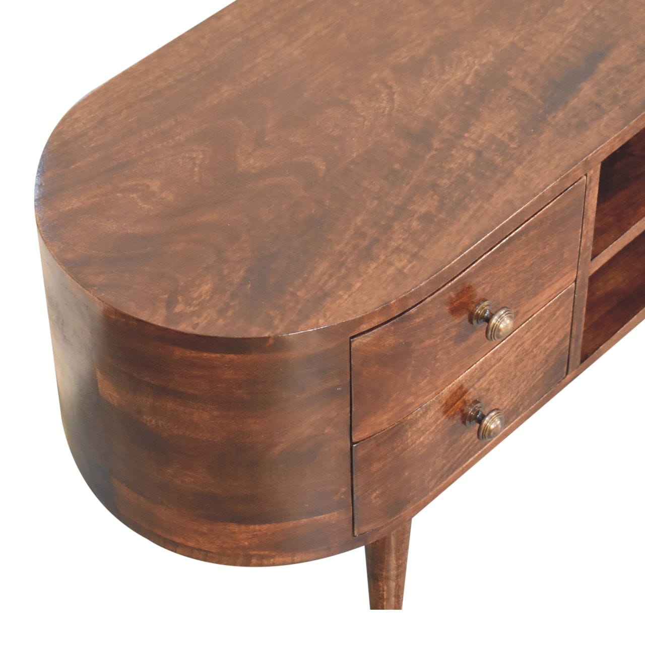 California Walnut Rounded TV Stand - Solid Mango Wood Entertainment Center for Living Room - product view 5 showing...