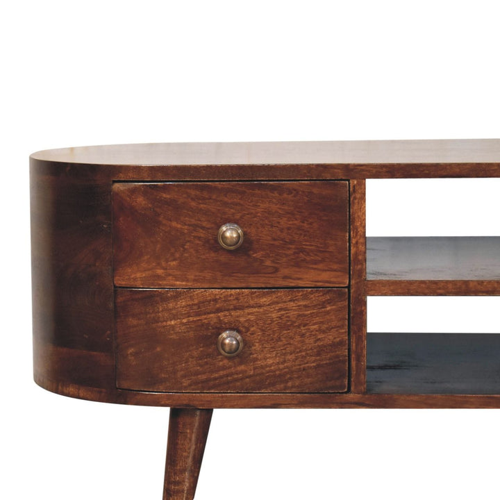 California Walnut Rounded TV Stand - Solid Mango Wood Entertainment Center for Living Room - product view 4 showing...