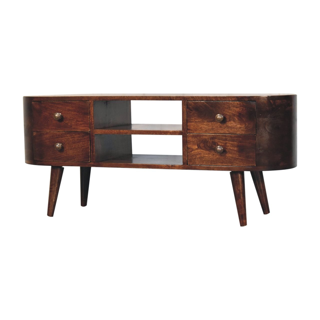 California Walnut Rounded TV Stand - Solid Mango Wood Entertainment Center for Living Room - product view 3 showing...