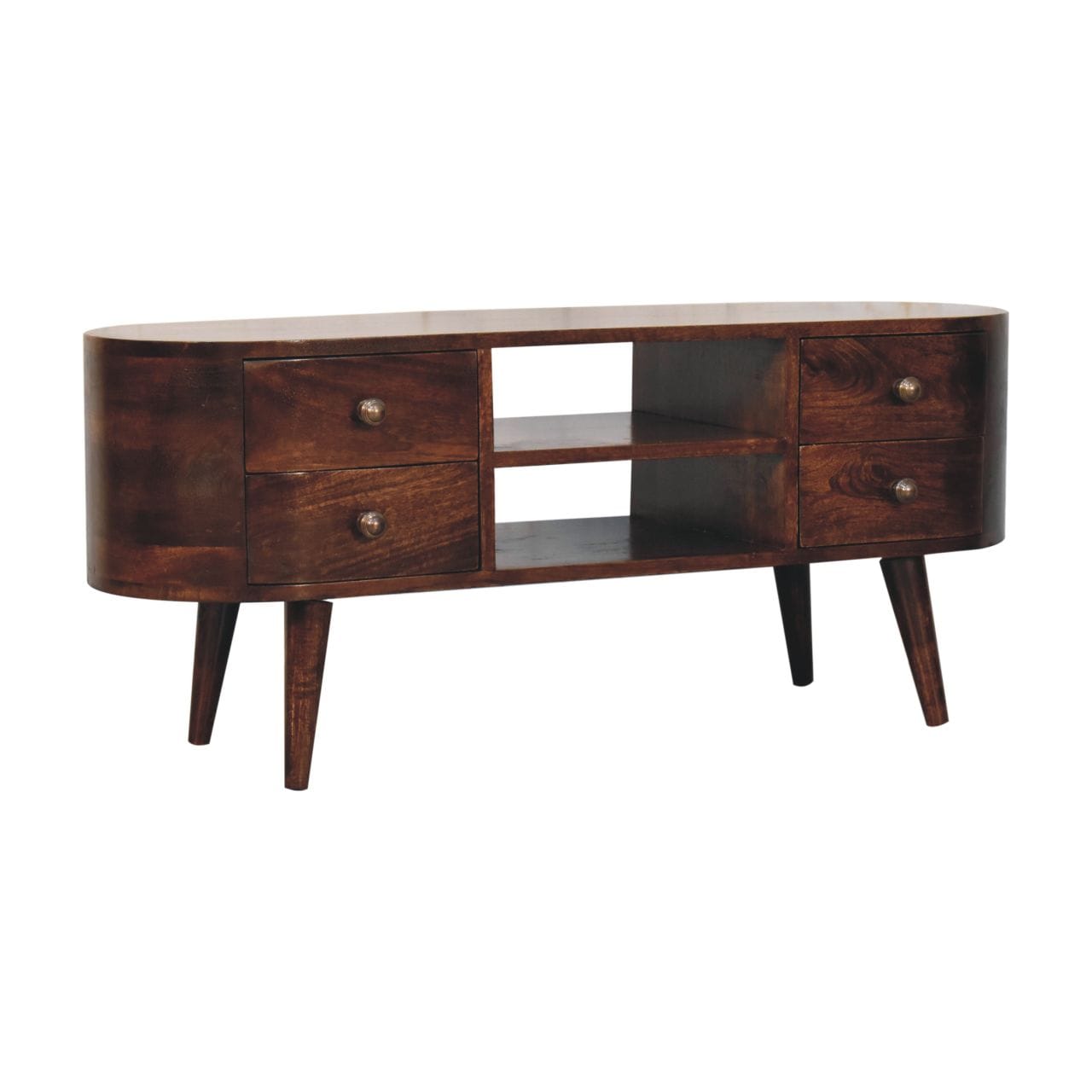 California Walnut Rounded TV Stand - Solid Mango Wood Entertainment Center for Living Room - product view 2 showing...