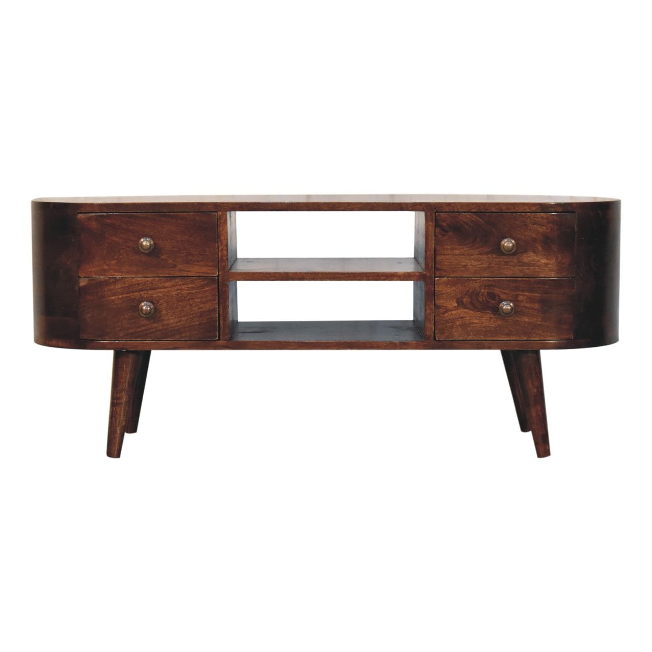 California Walnut Rounded TV Stand - Solid Mango Wood Entertainment Center for Living Room - main view showing...