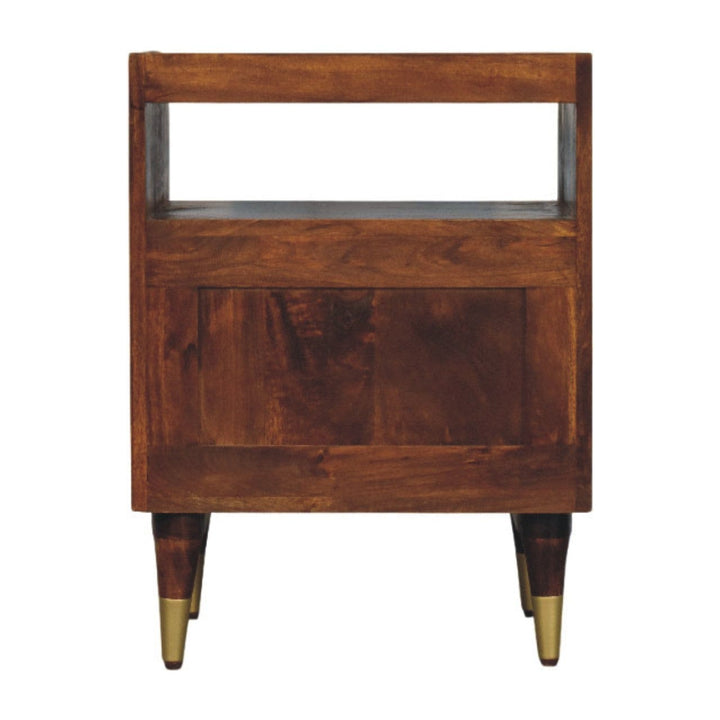 Camden Chestnut Nightstand - Solid Mango Wood Bedside Table for Bedroom - product view 9 showing handcrafted solid mango...