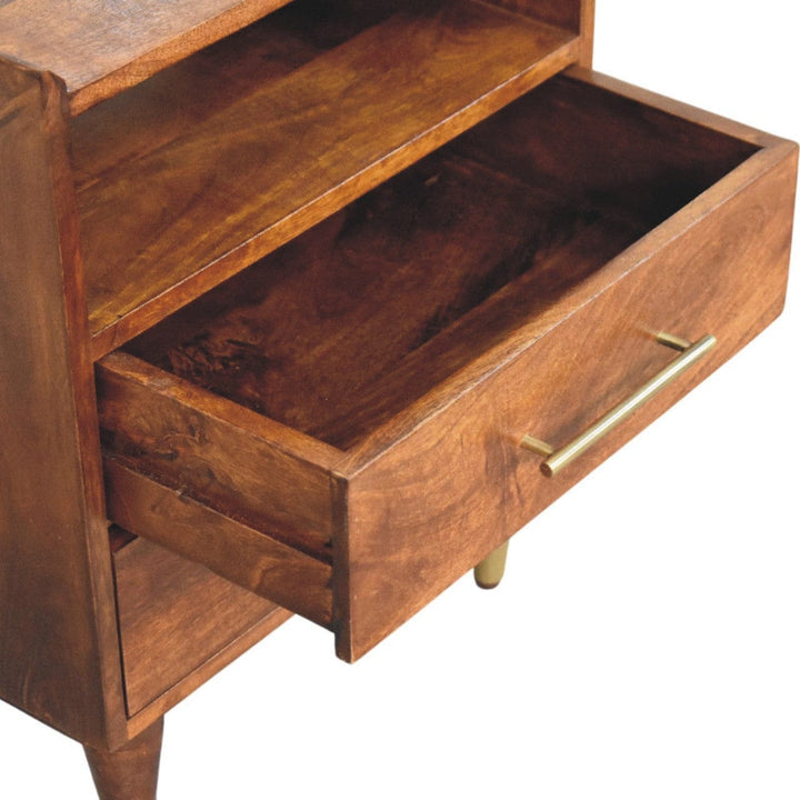 Camden Chestnut Nightstand - Solid Mango Wood Bedside Table for Bedroom - product view 6 showing handcrafted solid mango...