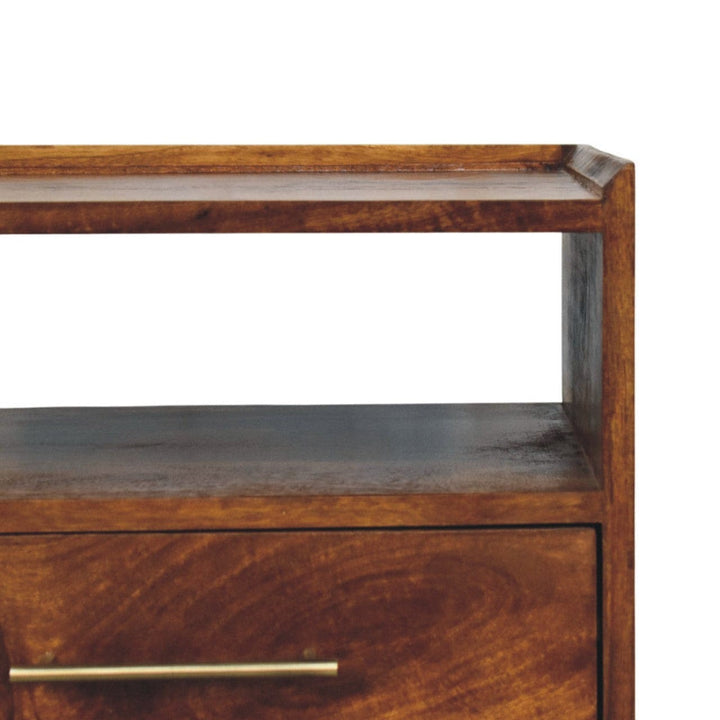 Camden Chestnut Nightstand - Solid Mango Wood Bedside Table for Bedroom - product view 4 showing handcrafted solid mango...