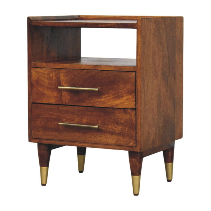 Camden Chestnut Nightstand - Solid Mango Wood Bedside Table for Bedroom - product view 3 showing handcrafted solid mango...