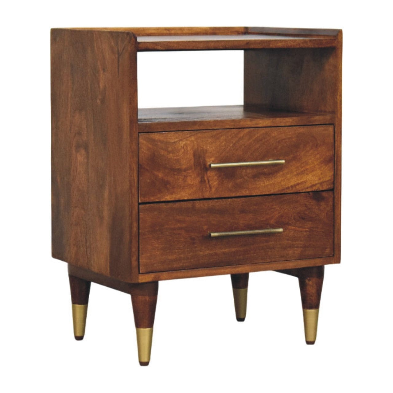Camden Chestnut Nightstand - Solid Mango Wood Bedside Table for Bedroom - product view 2 showing handcrafted solid mango...