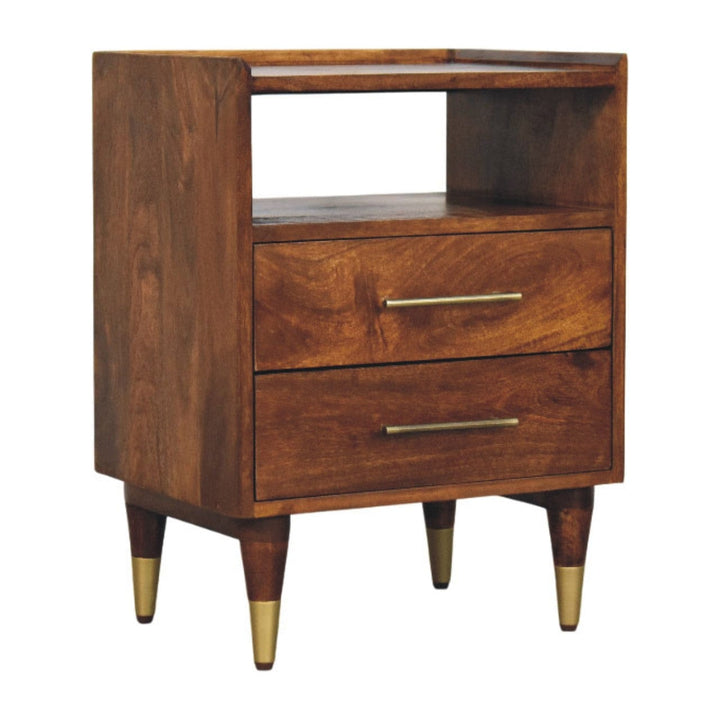 Camden Chestnut Nightstand - Solid Mango Wood Bedside Table for Bedroom - product view 2 showing handcrafted solid mango...