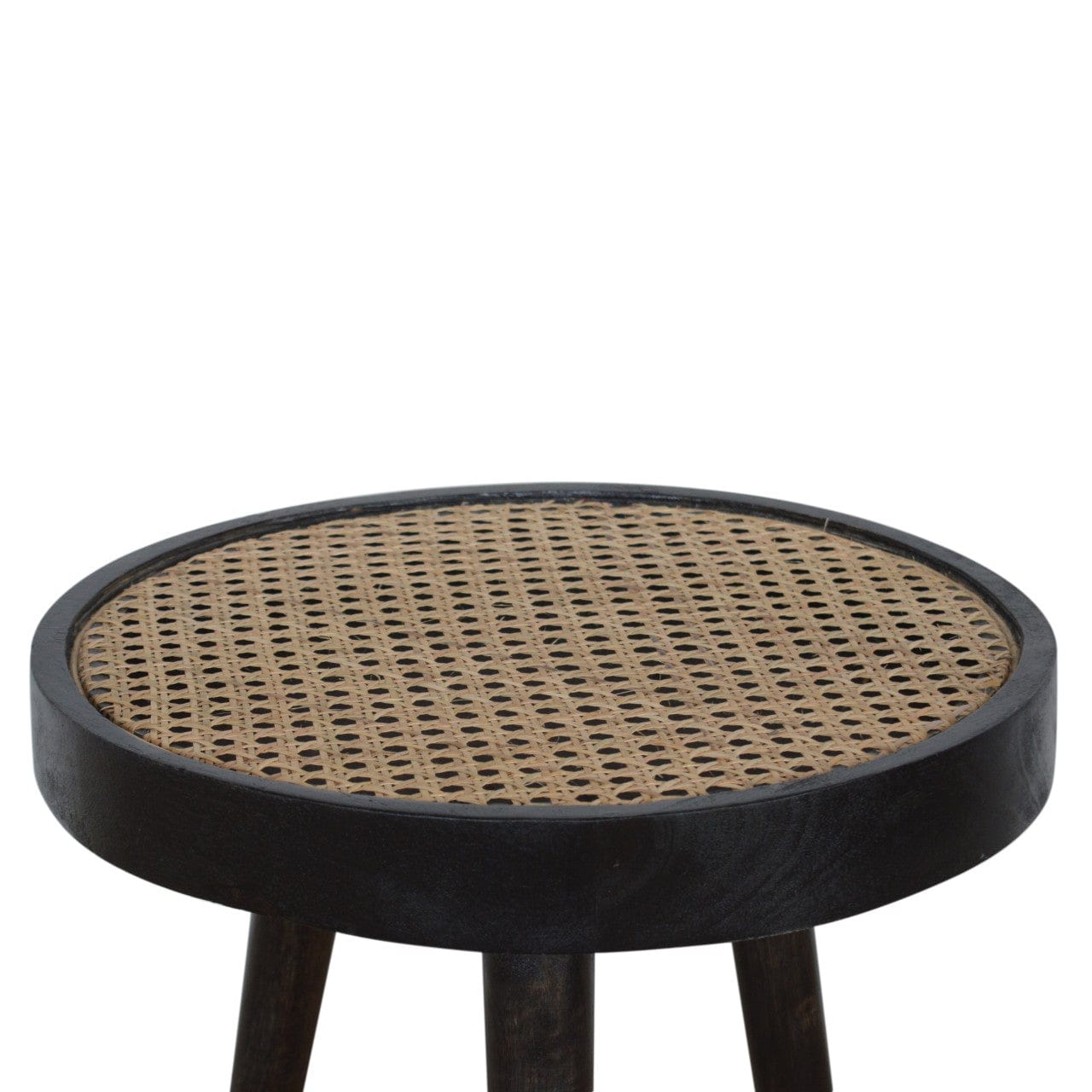 Carbon Black Rattan End Table - Solid Mango Wood Side Table for Living Room - product view 3 showing handcrafted solid...