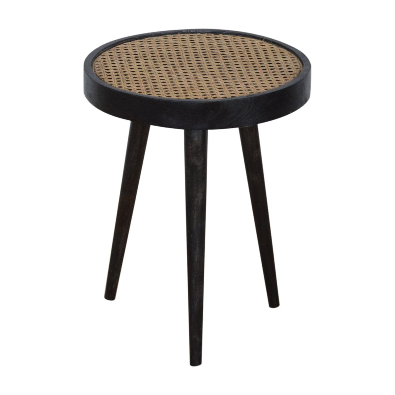 Carbon Black Rattan End Table - Solid Mango Wood Side Table for Living Room - product view 2 showing handcrafted solid...