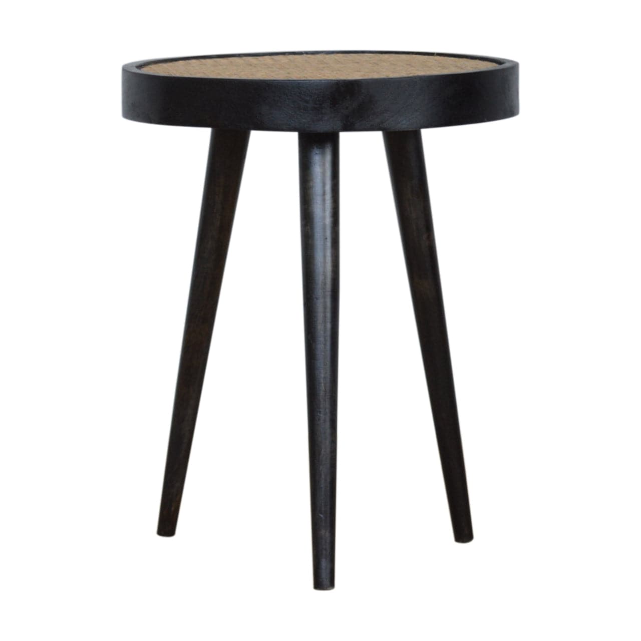 Carbon Black Rattan End Table - Solid Mango Wood Side Table for Living Room - main view showing handcrafted solid mango...