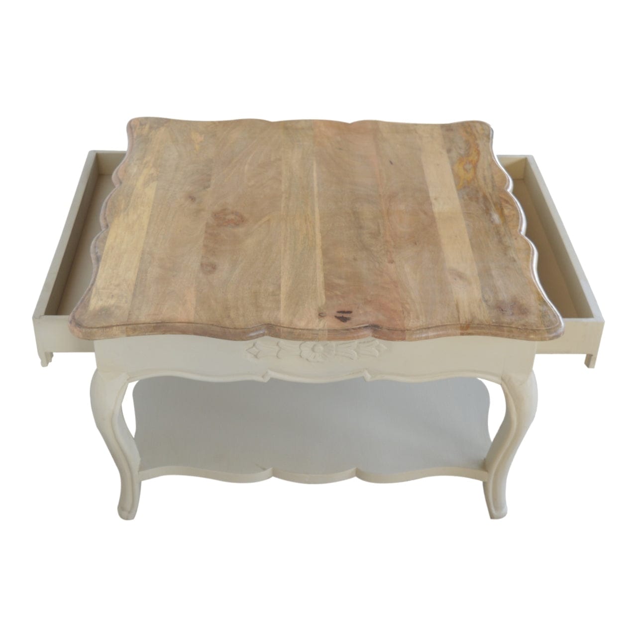 Carved Amberly Coffee Table - Solid Mango Wood Center Table for Living Room - product view 8 showing handcrafted solid...
