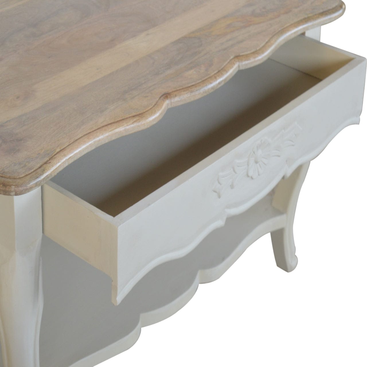 Carved Amberly Coffee Table - Solid Mango Wood Center Table for Living Room - product view 7 showing handcrafted solid...