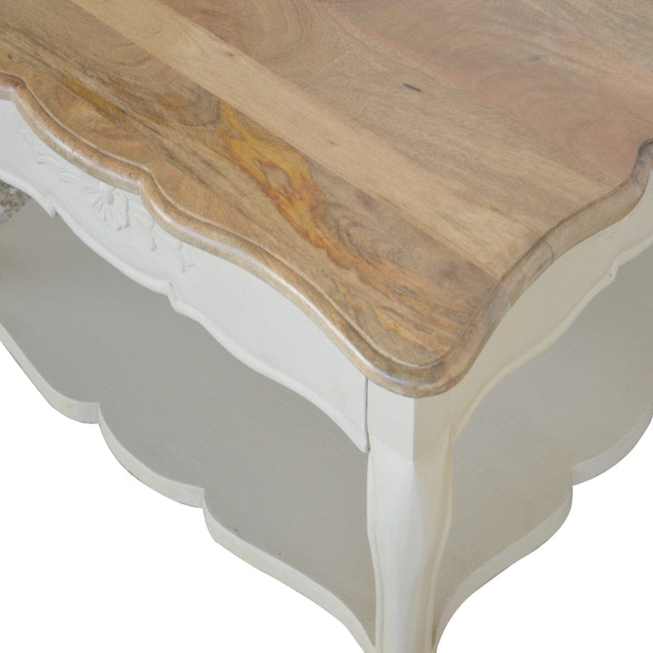 Carved Amberly Coffee Table - Solid Mango Wood Center Table for Living Room - product view 4 showing handcrafted solid...