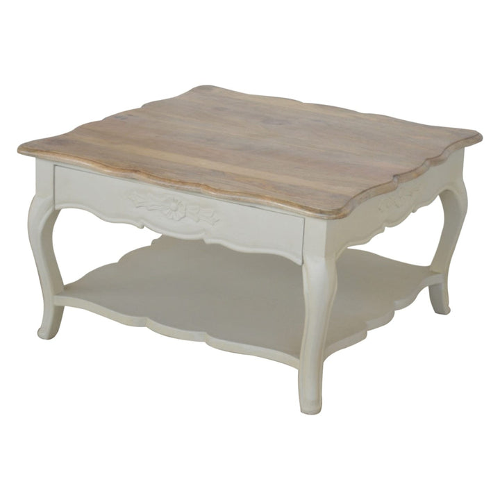 Carved Amberly Coffee Table - Solid Mango Wood Center Table for Living Room - product view 3 showing handcrafted solid...