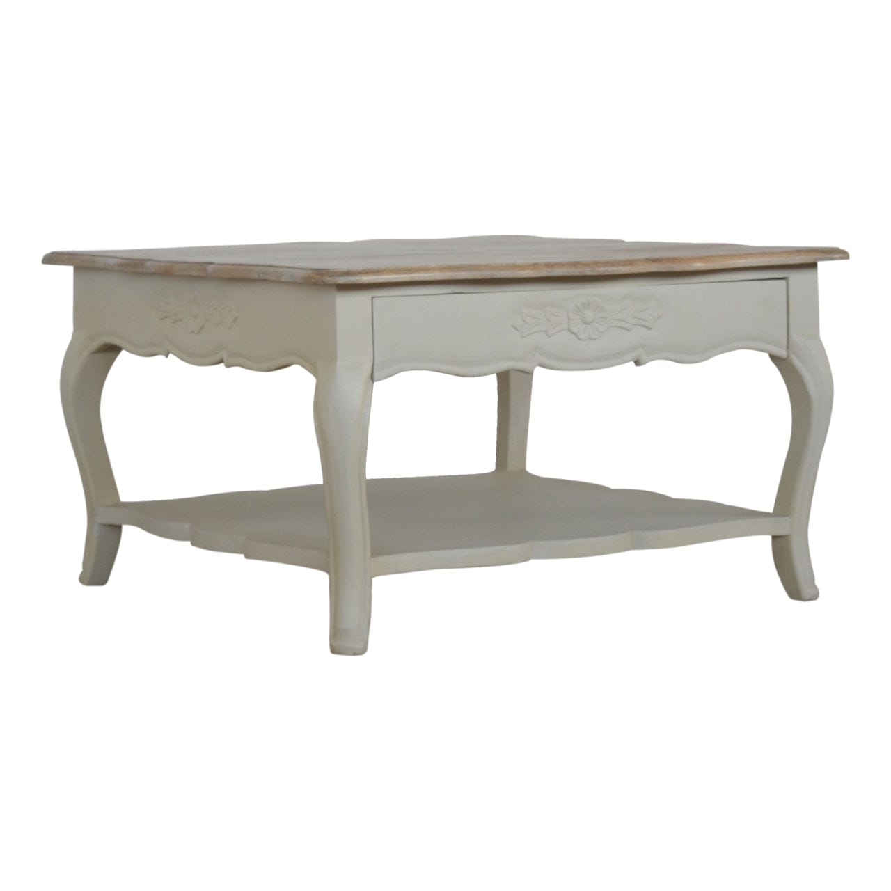 Carved Amberly Coffee Table - Solid Mango Wood Center Table for Living Room - product view 2 showing handcrafted solid...