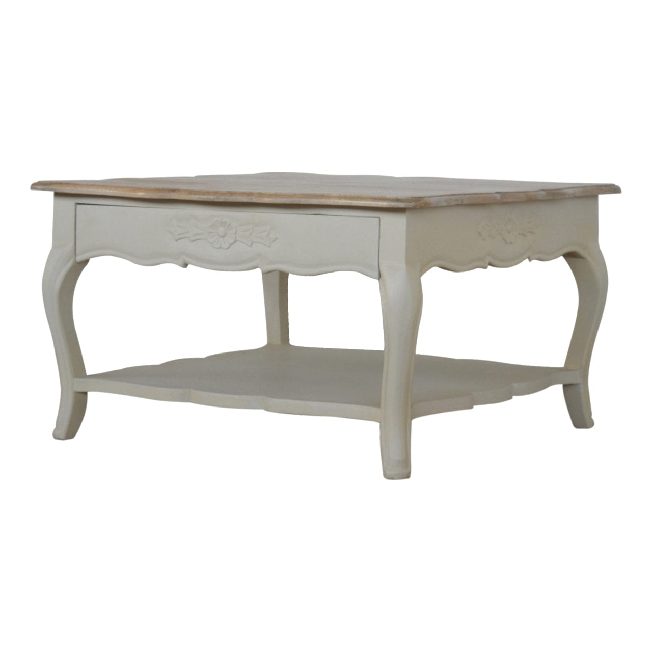 Carved Amberly Coffee Table - Solid Mango Wood Center Table for Living Room - main view showing handcrafted solid mango...