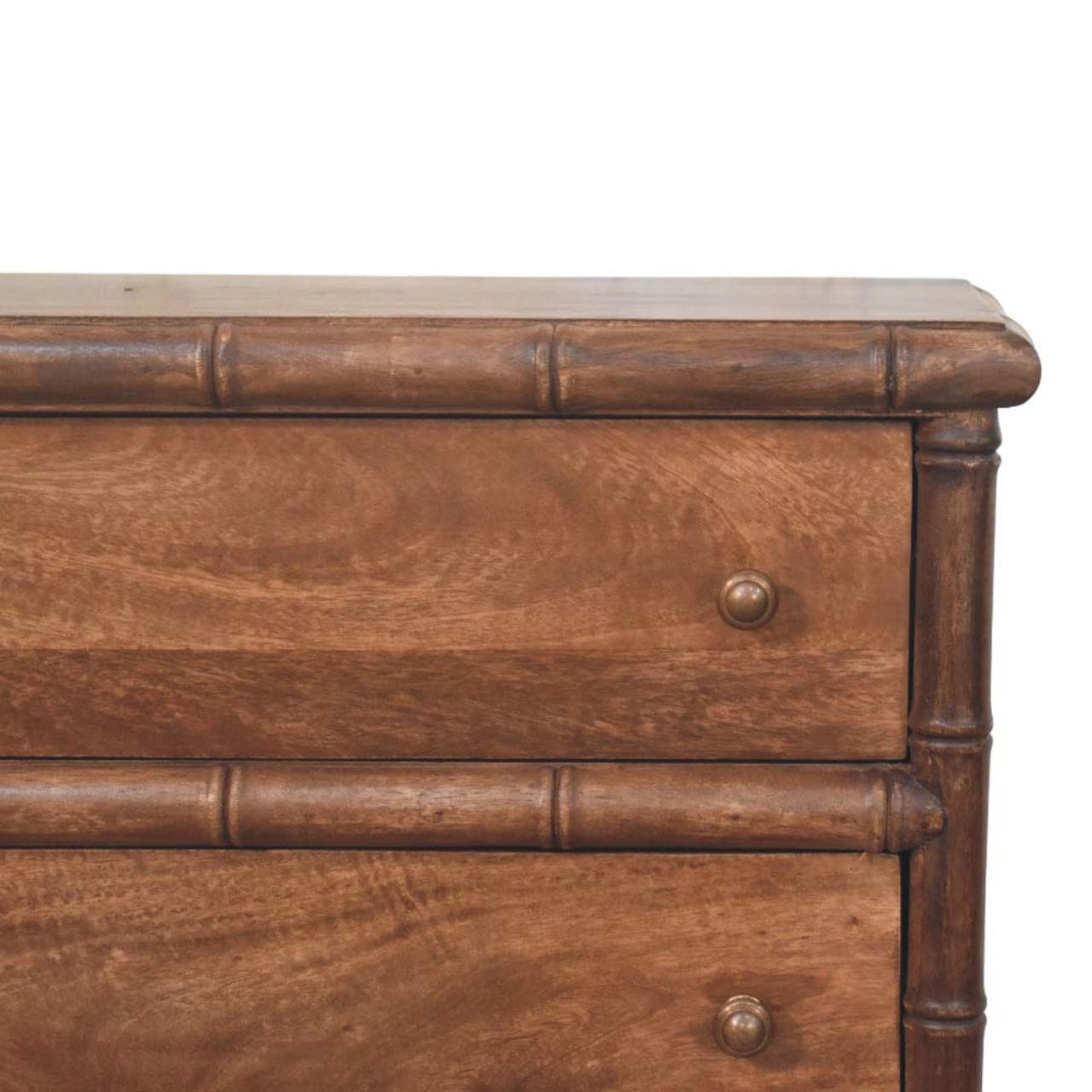 Carved Bamboo 3-Drawer Dresser - Solid Mango Wood Storage Chest for Bedroom - product view 4 showing handcrafted solid...