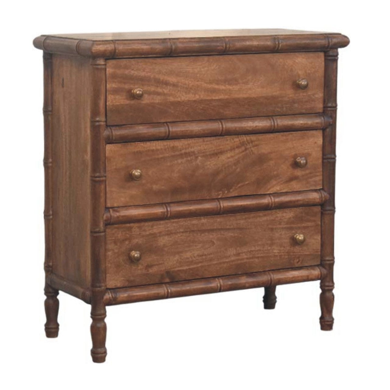 Carved Bamboo 3-Drawer Dresser - Solid Mango Wood Storage Chest for Bedroom - product view 2 showing handcrafted solid...