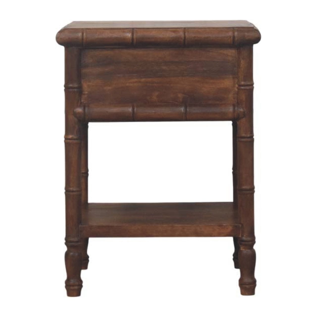 Carved Bamboo Nightstand - Solid Mango Wood Bedside Table for Bedroom - product view 9 showing handcrafted solid mango...