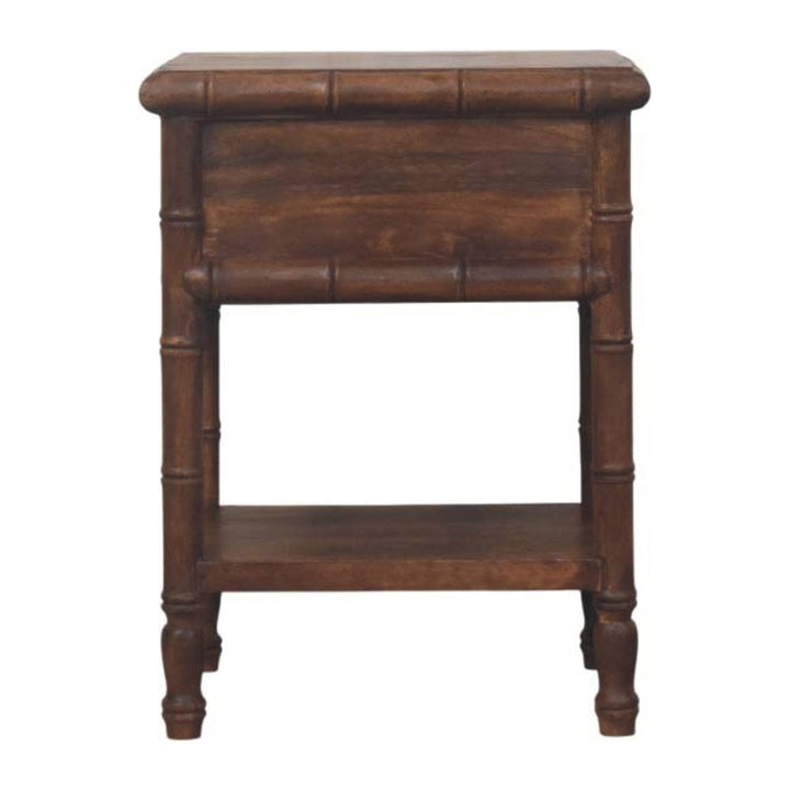 Carved Bamboo Nightstand - Solid Mango Wood Bedside Table for Bedroom - product view 9 showing handcrafted solid mango...